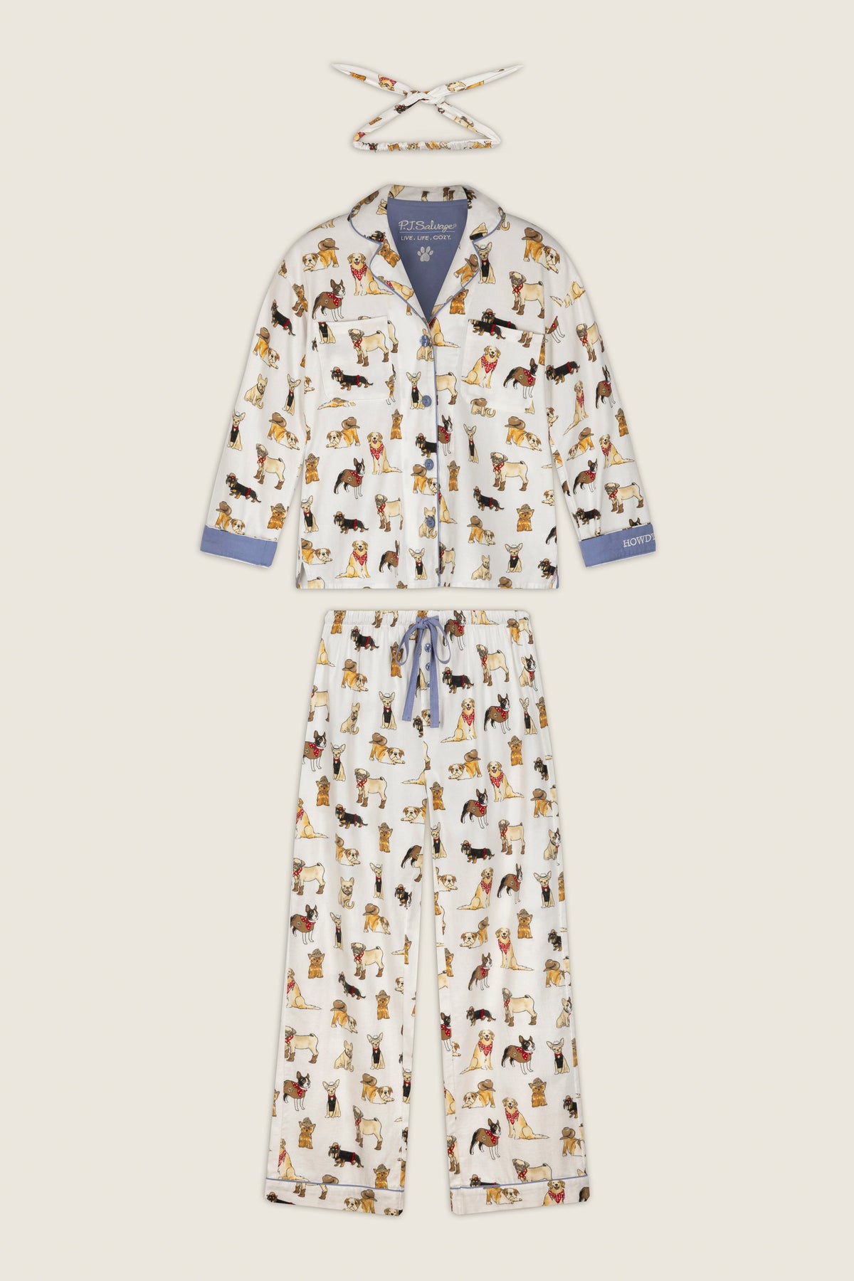 Howdy Paw-tner Dog Print 3-Piece Flannel PJ Set - IVORY