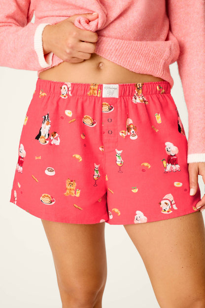 Dogs Who Brunch Flannel Shorts - DARK CORAL