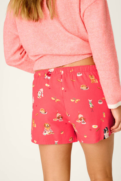 Dogs Who Brunch Flannel Shorts - DARK CORAL