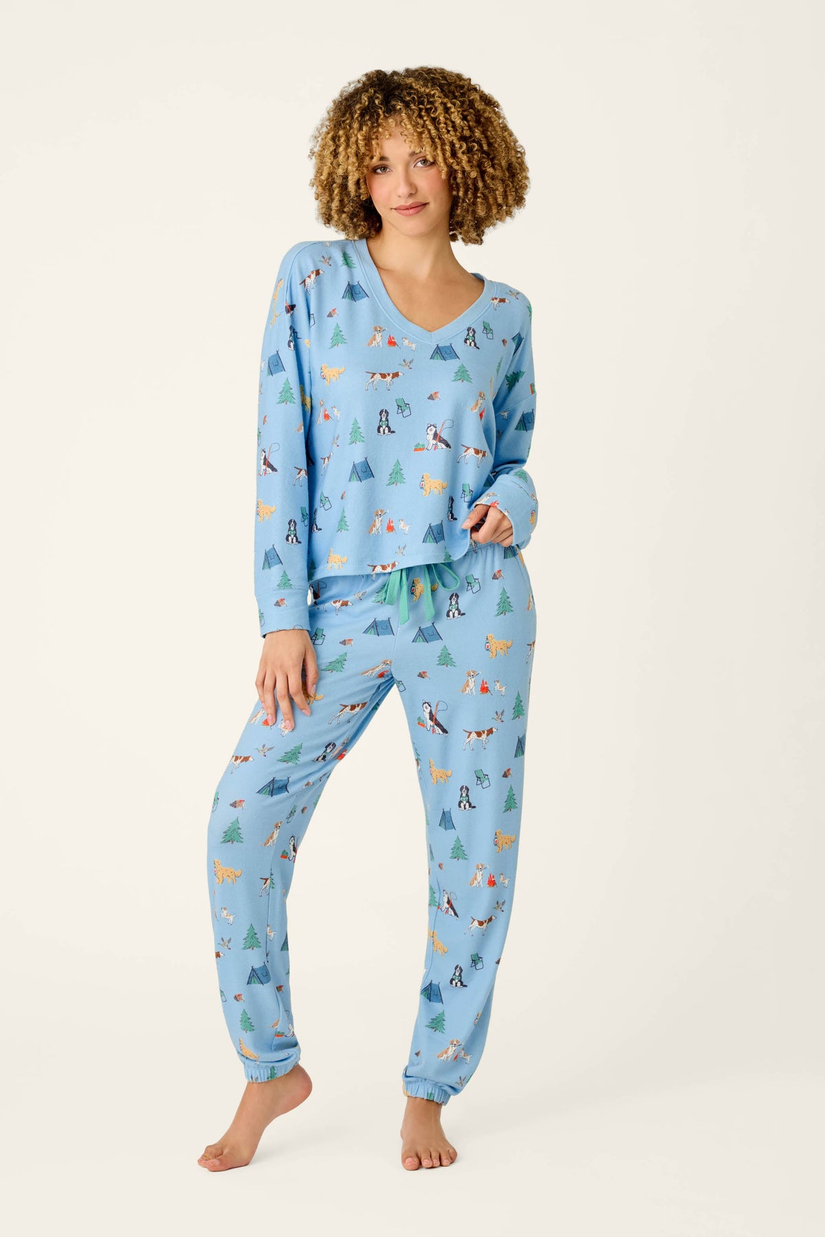 Happy Campawr Dogs Camping Print Long Sleeve Top - ANGEL BLUE