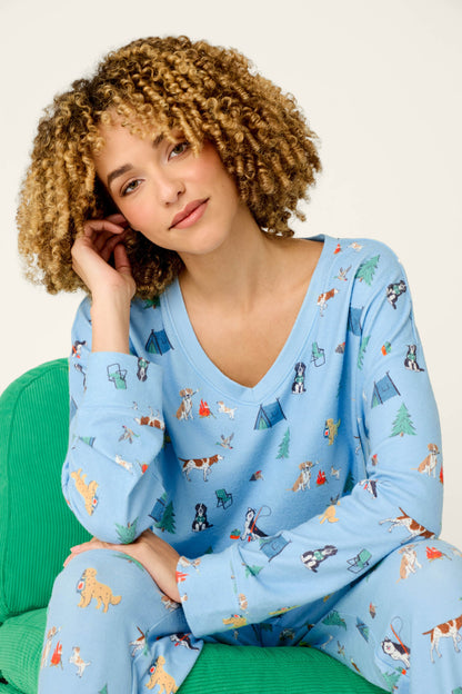 Happy Campawr Dogs Camping Print Long Sleeve Top - ANGEL BLUE