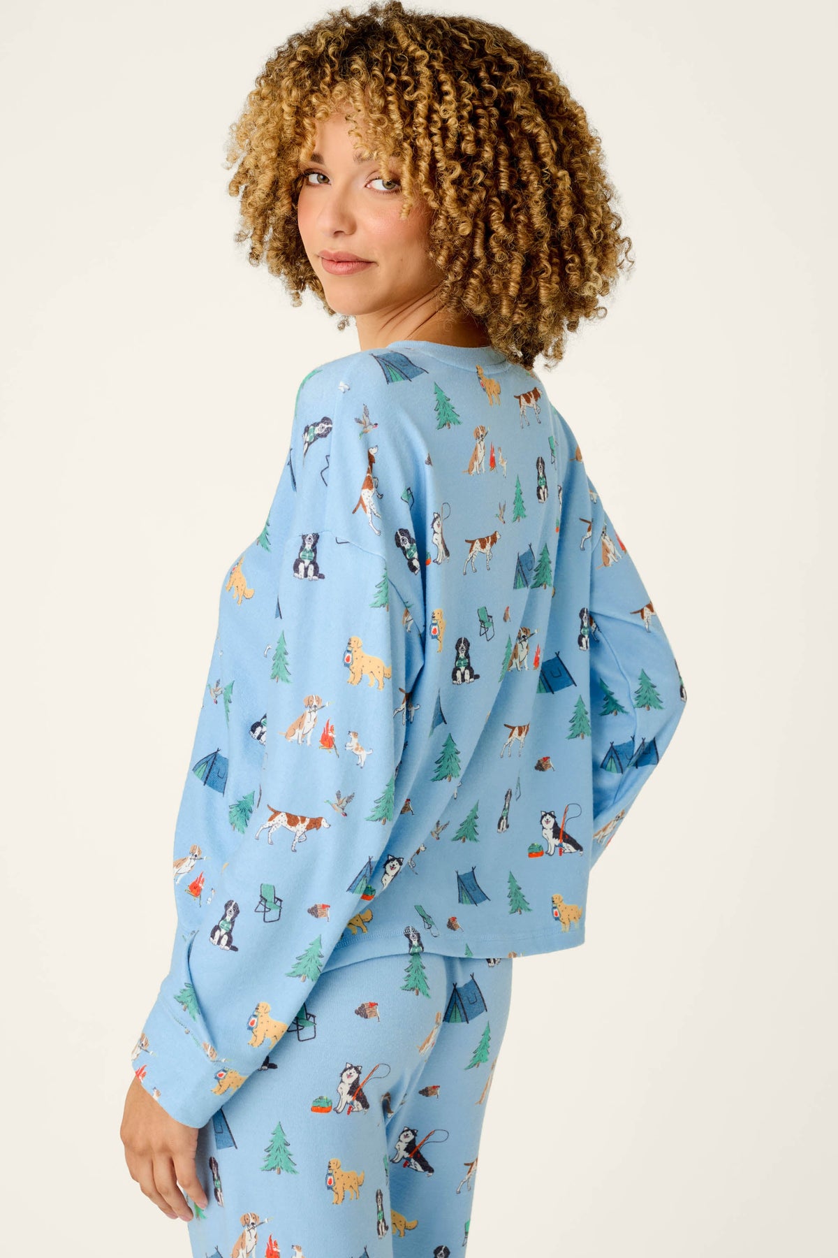 Happy Campawr Dogs Camping Print Long Sleeve Top - ANGEL BLUE