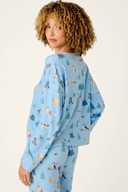 Happy Campawr Dogs Camping Print Long Sleeve Top - ANGEL BLUE
