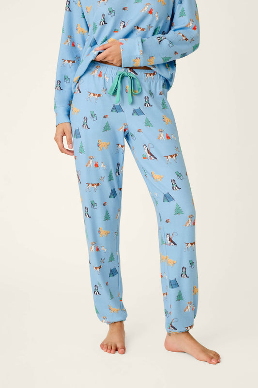 Happy Campawr Dogs Camping Print Jogger Pajama Pants - ANGEL BLUE