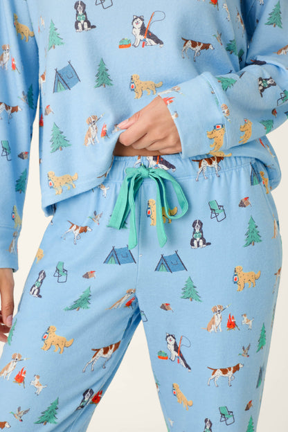 Happy Campawr Dogs Camping Print Jogger Pajama Pants - ANGEL BLUE