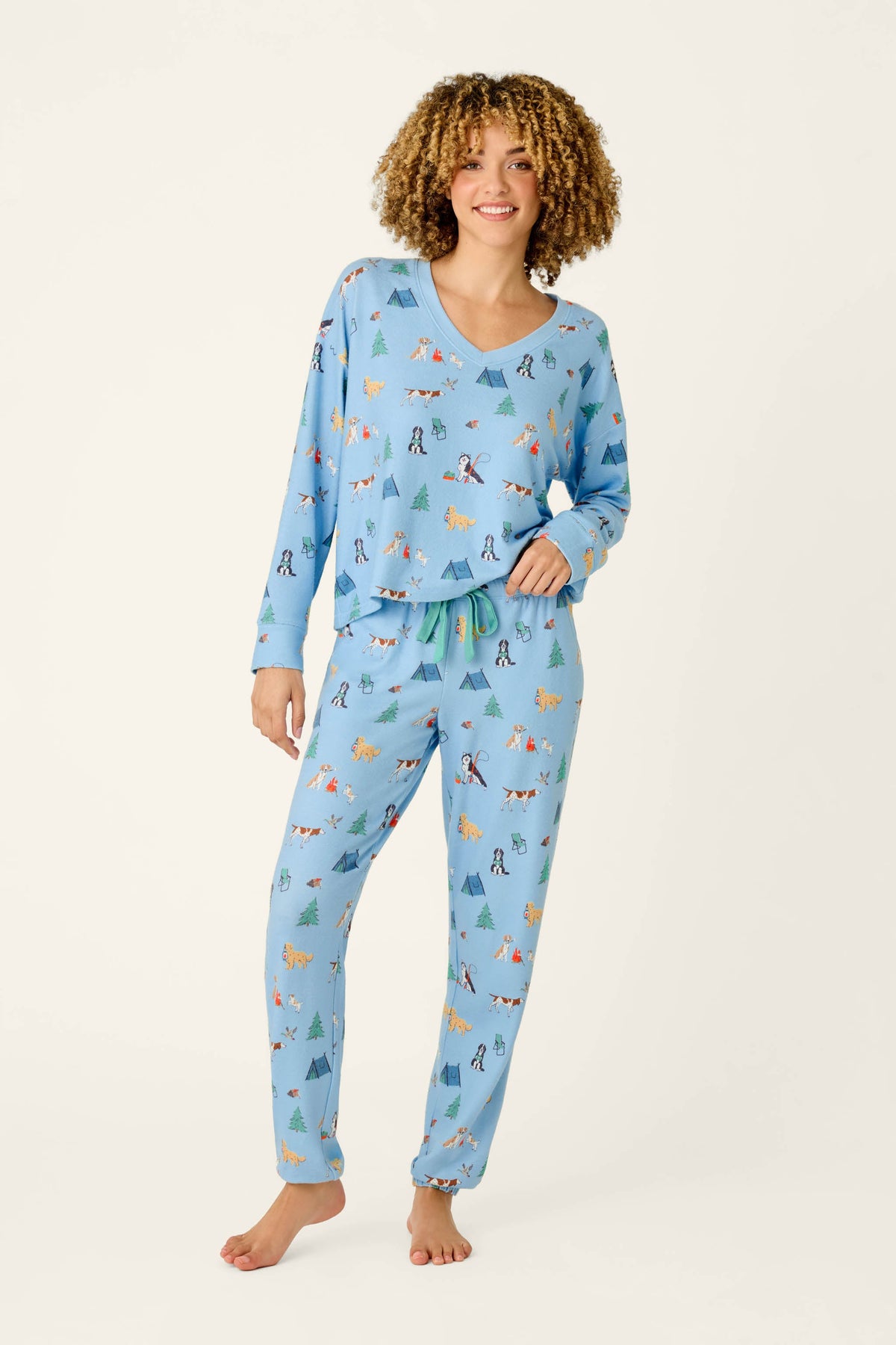 Happy Campawr Dogs Camping Print Jogger Pajama Pants - ANGEL BLUE