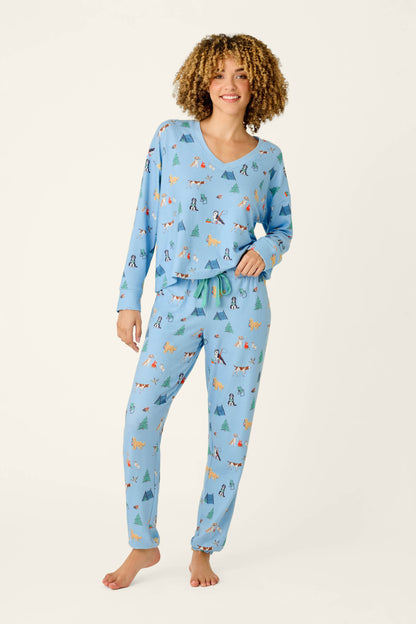 Happy Campawr Dogs Camping Print Jogger Pajama Pants - ANGEL BLUE