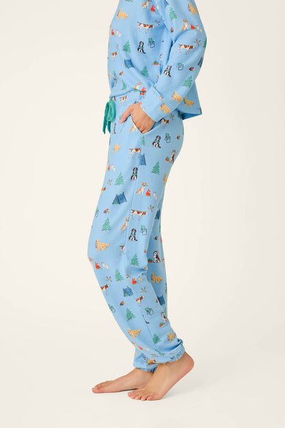 Happy Campawr Dogs Camping Print Jogger Pajama Pants - ANGEL BLUE