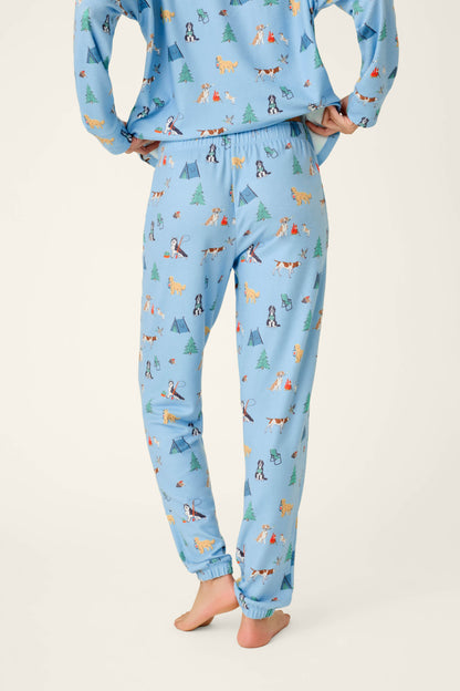 Happy Campawr Dogs Camping Print Jogger Pajama Pants - ANGEL BLUE