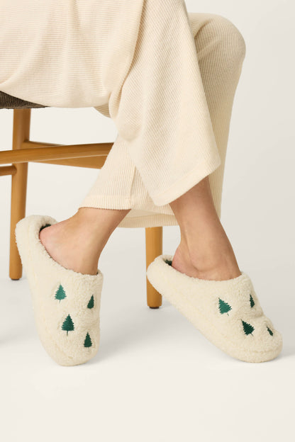 Tree Print Fleece Slippers - IVORY