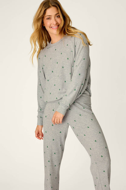 Happy Campawr Tree Print Long Sleeve & Pants Lounge Set - HEATHER GREY