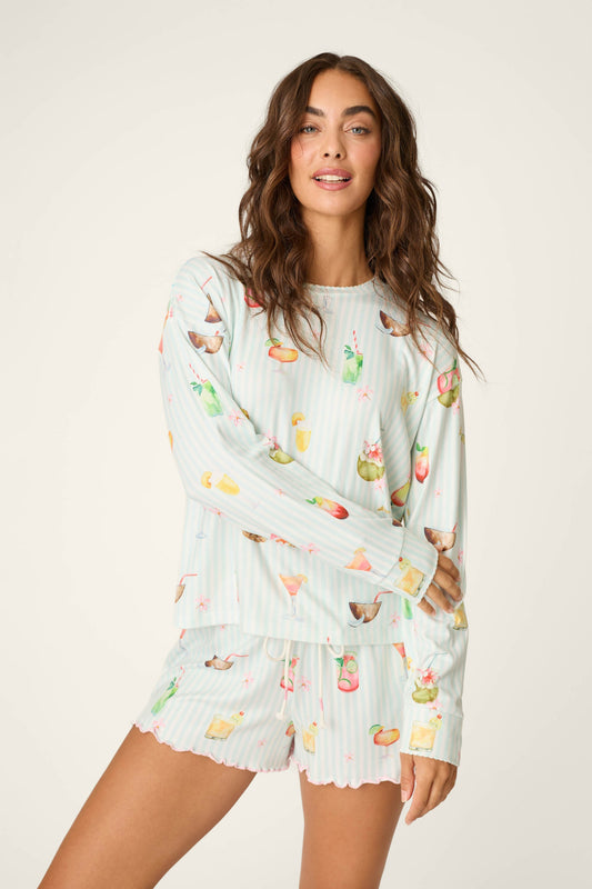 It's Five O'clock Somewhere Cocktail Print Long Sleeve Top - LIGHT AQUA