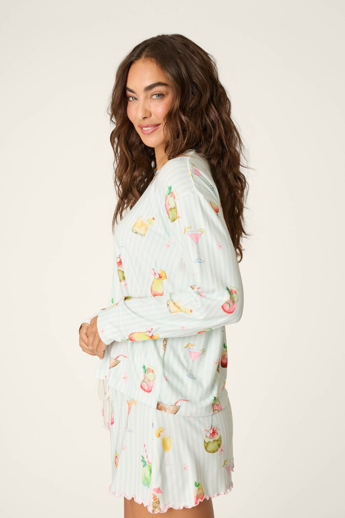 It's Five O'clock Somewhere Cocktail Print Long Sleeve Top - LIGHT AQUA