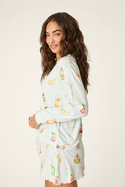 It's Five O'clock Somewhere Cocktail Print Long Sleeve Top - LIGHT AQUA