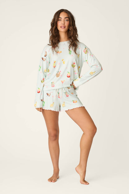 It's Five O'clock Somewhere Cocktail Print Long Sleeve Top - LIGHT AQUA
