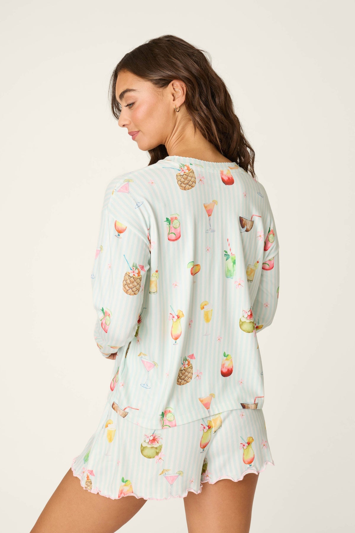 It's Five O'clock Somewhere Cocktail Print Long Sleeve Top - LIGHT AQUA