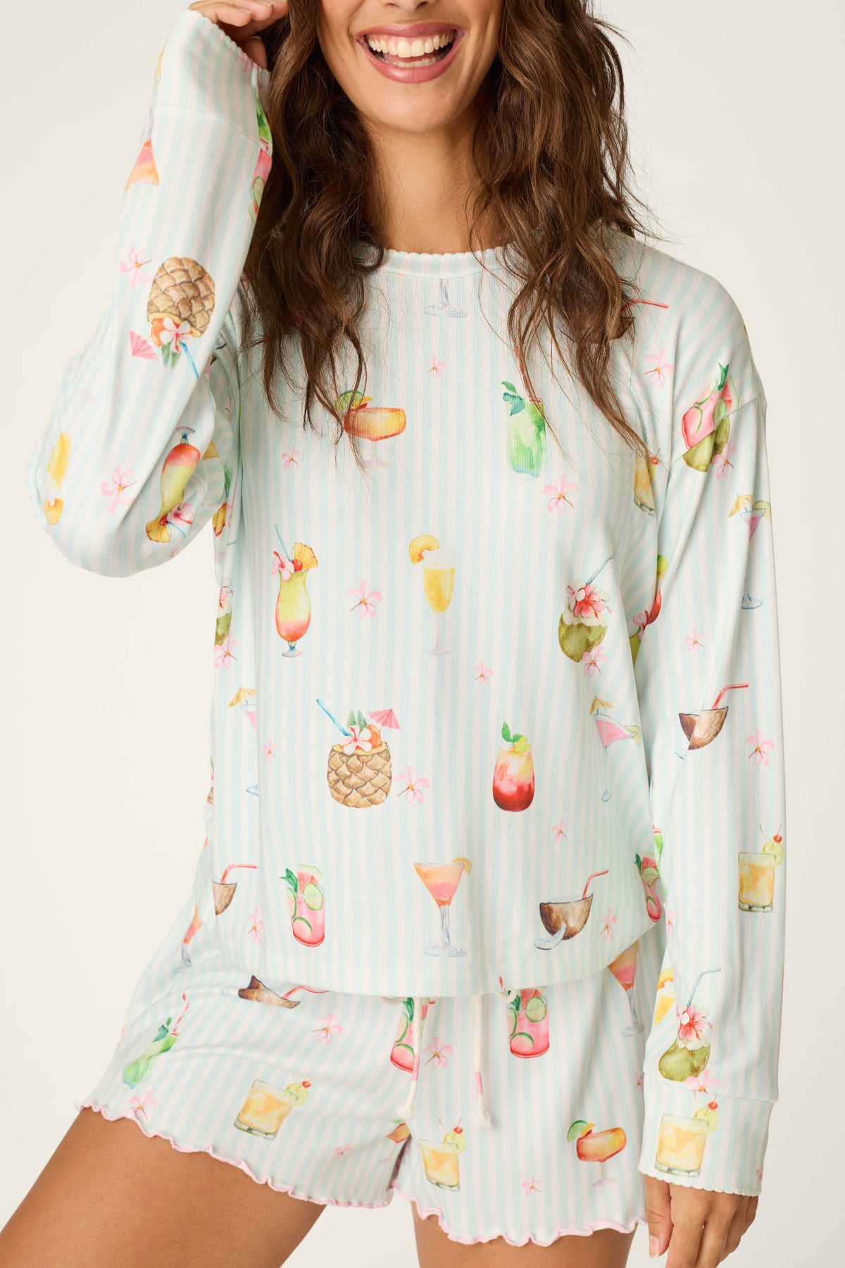 It's Five O'clock Somewhere Cocktail Print Long Sleeve Top - LIGHT AQUA