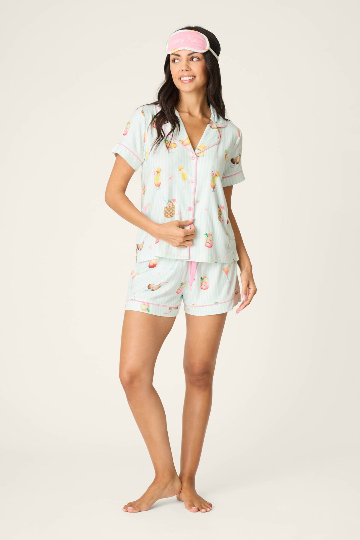 It's Five O'clock Somewhere Cocktail Print 3-Piece PJ Set - LIGHT AQUA