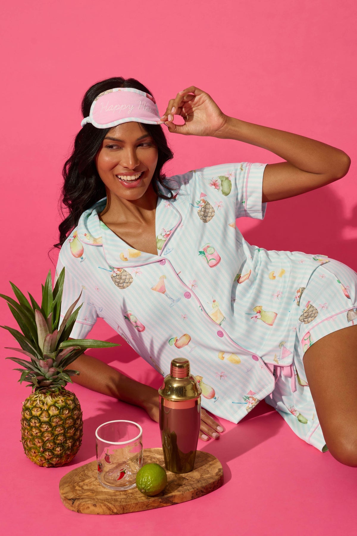 It's Five O'clock Somewhere Cocktail Print 3-Piece PJ Set - LIGHT AQUA