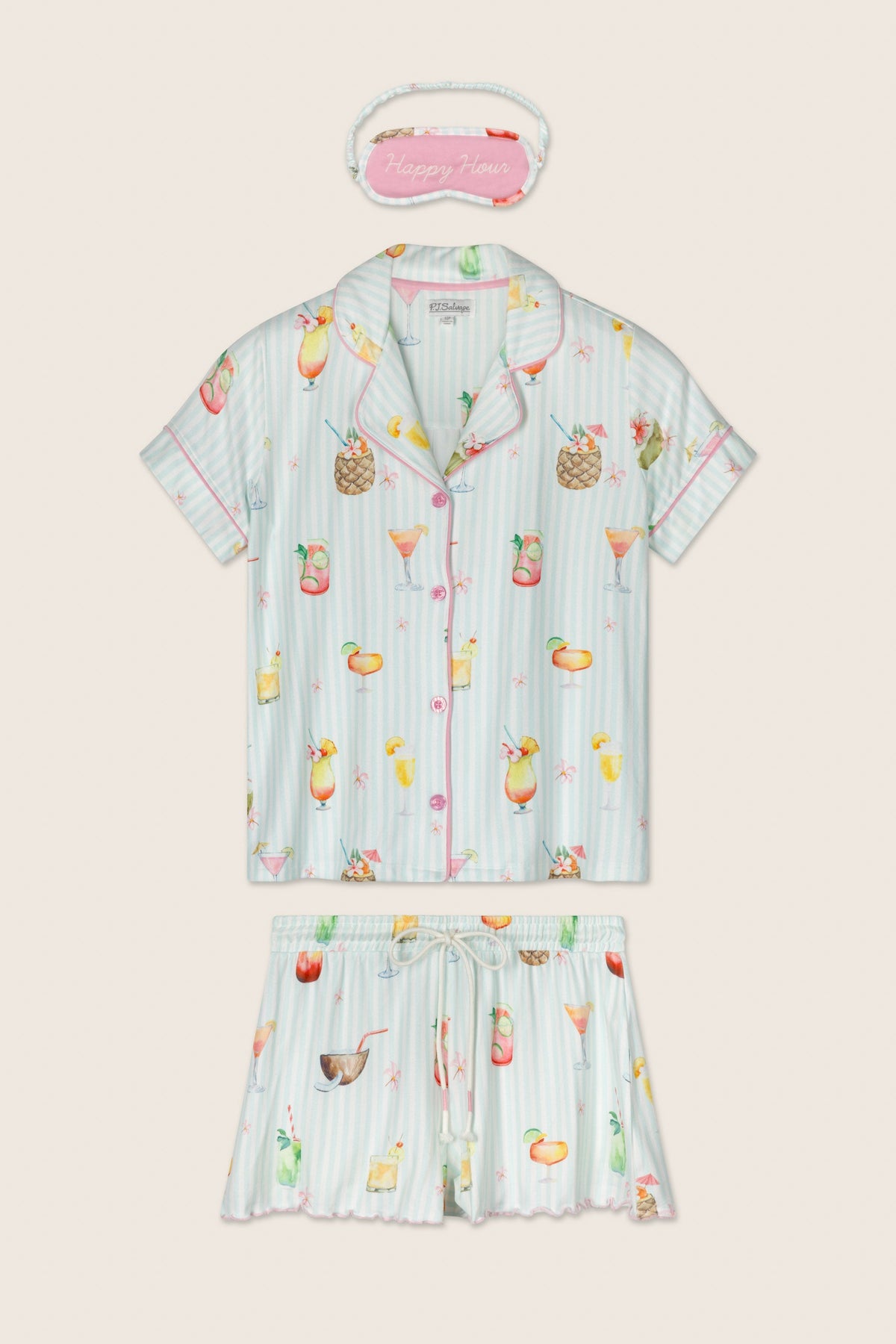 It's Five O'clock Somewhere Cocktail Print 3-Piece PJ Set - LIGHT AQUA