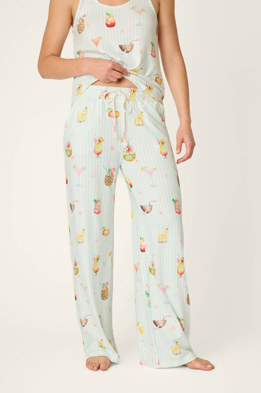 It's Five O'clock Somewhere Cocktail Print Open Leg Pants - LIGHT AQUA