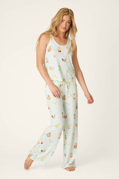 It's Five O'clock Somewhere Cocktail Print Long PJ Set - LIGHT AQUA