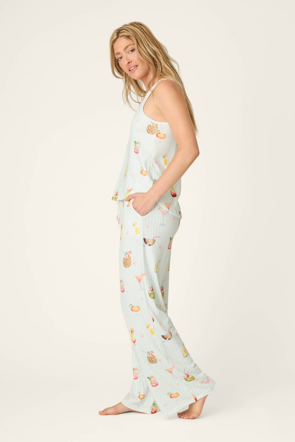 It's Five O'clock Somewhere Cocktail Print Long PJ Set - LIGHT AQUA