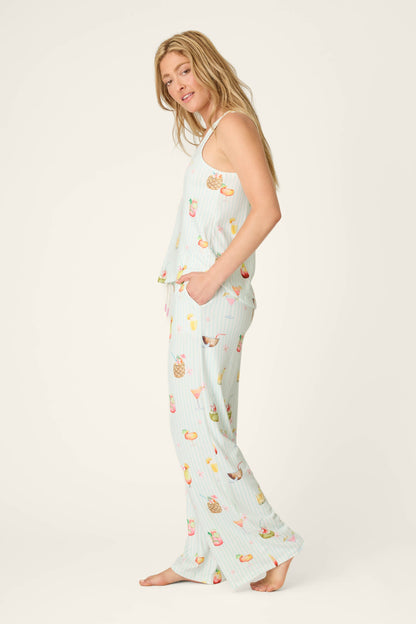 It's Five O'clock Somewhere Cocktail Print Long PJ Set - LIGHT AQUA