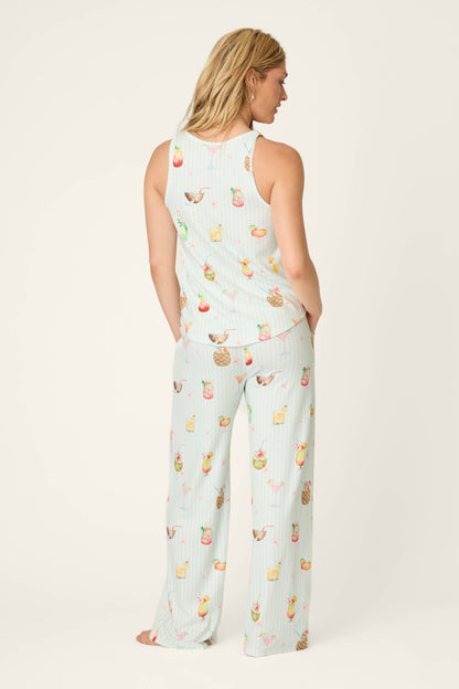 It's Five O'clock Somewhere Cocktail Print Long PJ Set - LIGHT AQUA