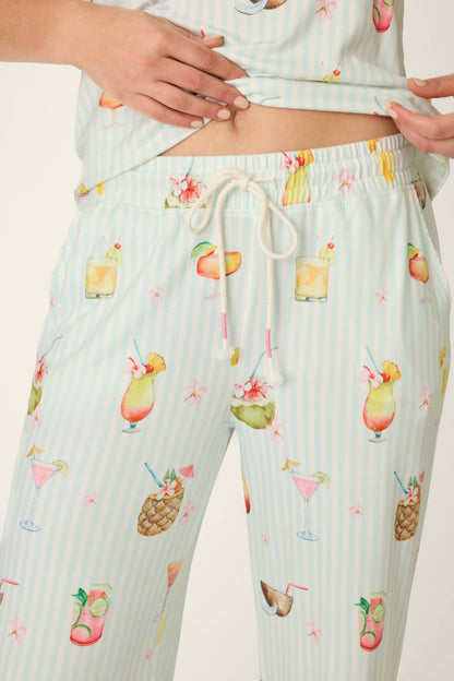 It's Five O'clock Somewhere Cocktail Print Long PJ Set - LIGHT AQUA