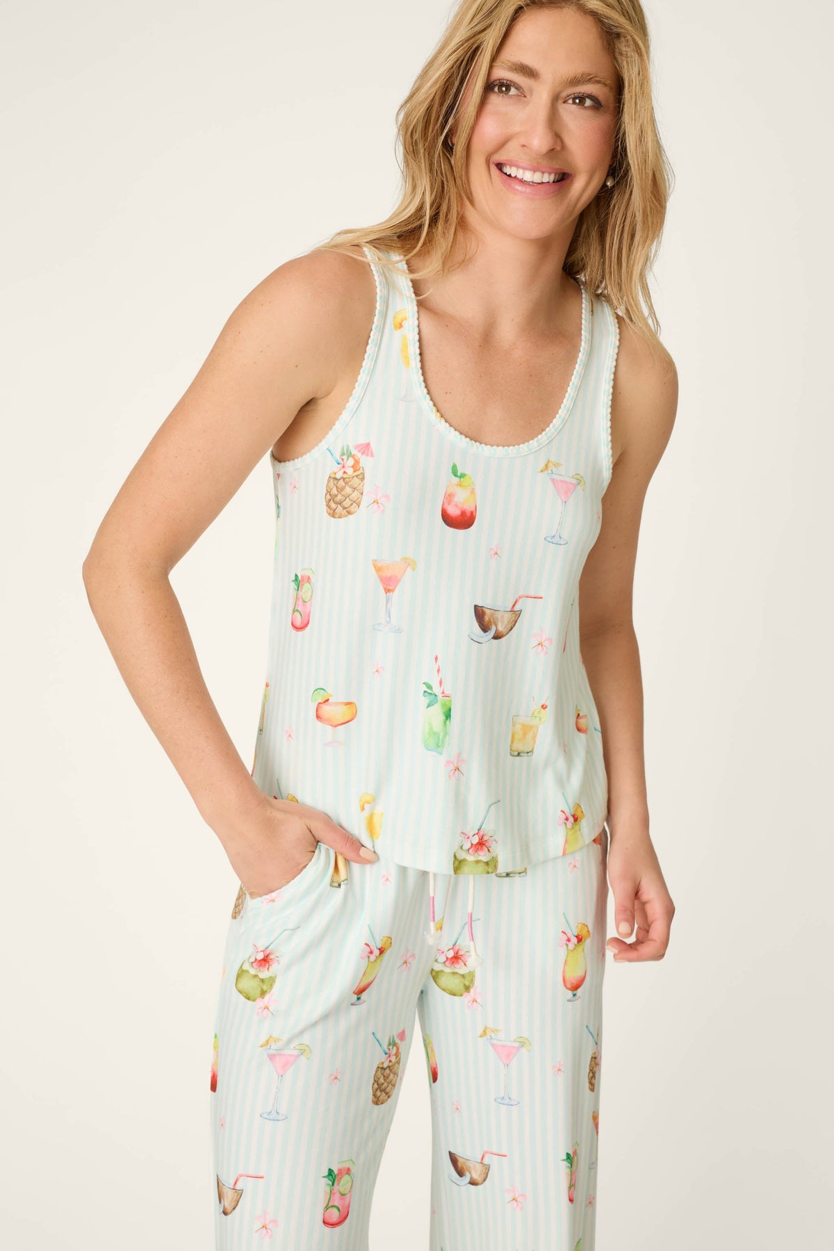 It's Five O'clock Somewhere Cocktail Print Tank Top - LIGHT AQUA