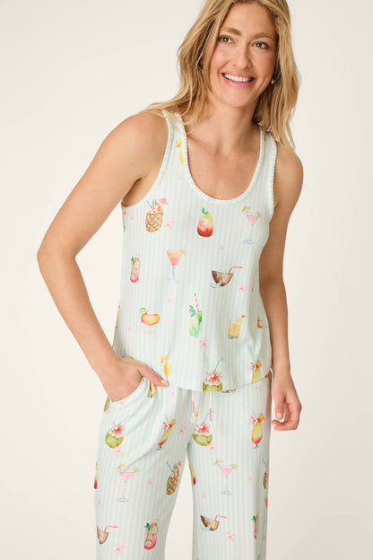 It's Five O'clock Somewhere Cocktail Print Tank Top - LIGHT AQUA