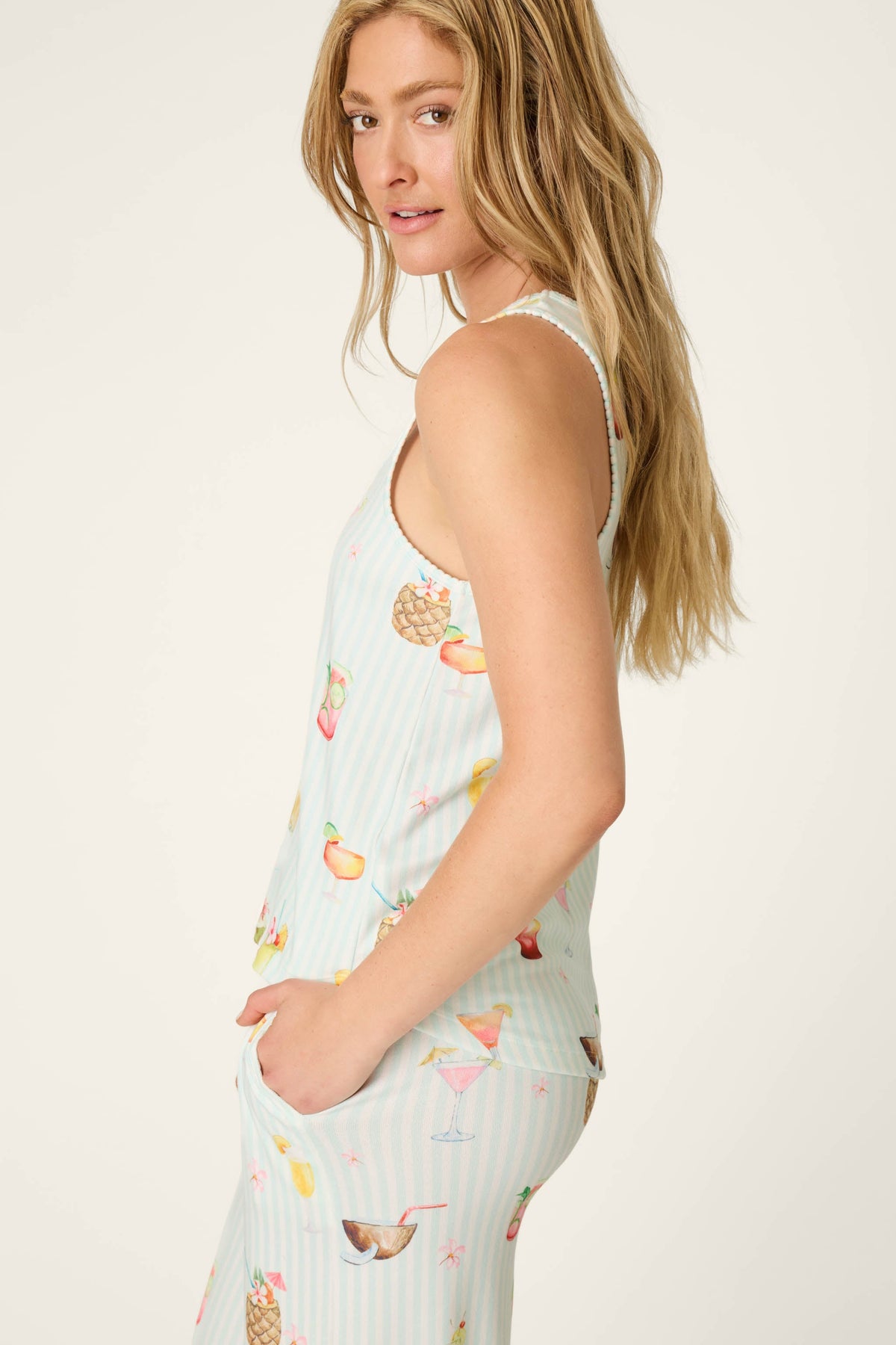 It's Five O'clock Somewhere Cocktail Print Tank Top - LIGHT AQUA