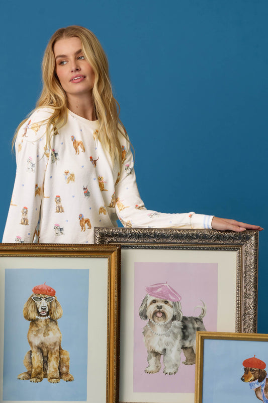 Meet Me in Pawris Dog Print Long Sleeve Top - IVORY