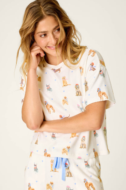 Meet Me in Pawris Dog Print Short Sleeve Top - IVORY