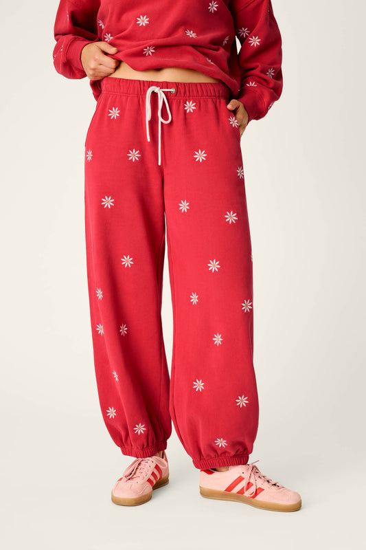 Nature Is My Therapy Embroidered Flowers Good Hang Joggers - WINE
