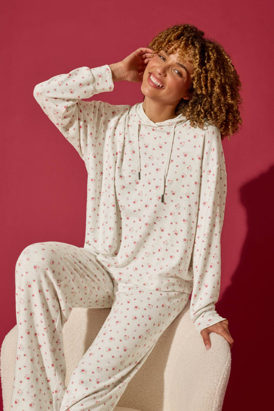 Romantic Rose Ditsy Floral Print Hoodie - HEATHER CLOUD