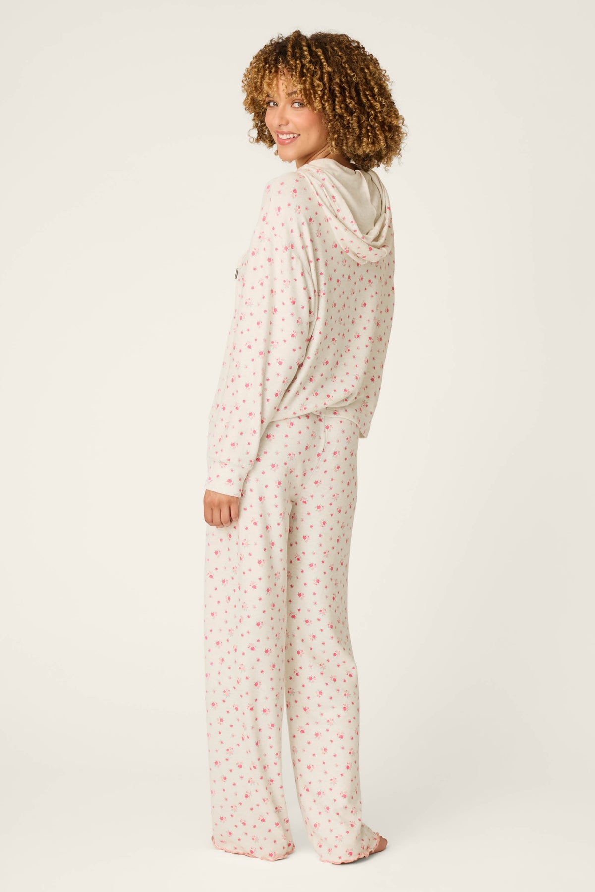 Romantic Rose Ditsy Floral Print Hoodie & Pants PJ Set - HEATHER CLOUD