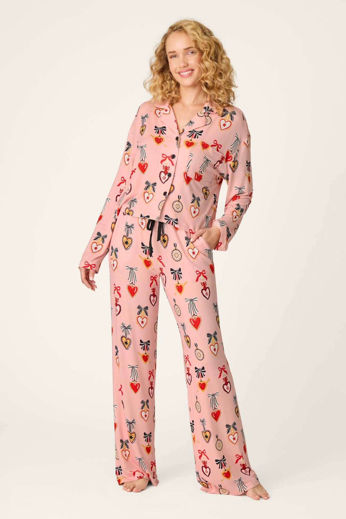 Sweetheart Dreams Love Lockets Print Long Sleeve PJ Set - ICED ROSE