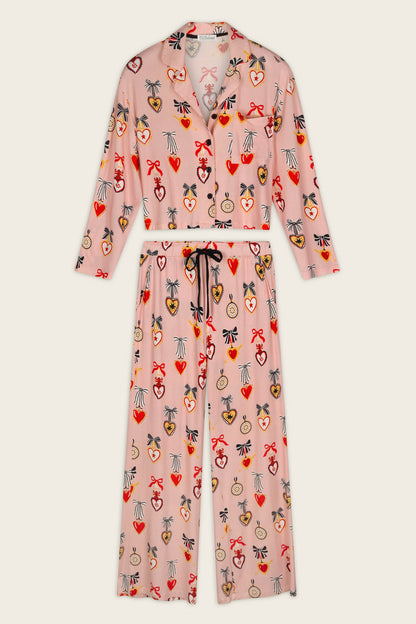 Sweetheart Dreams Love Lockets Print Long Sleeve PJ Set - ICED ROSE