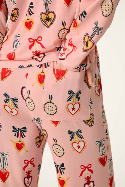 Sweetheart Dreams Love Lockets Print Long Sleeve PJ Set - ICED ROSE