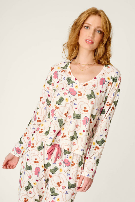 Saddle Up Western Print Long Sleeve V-Neck Top - NUDE
