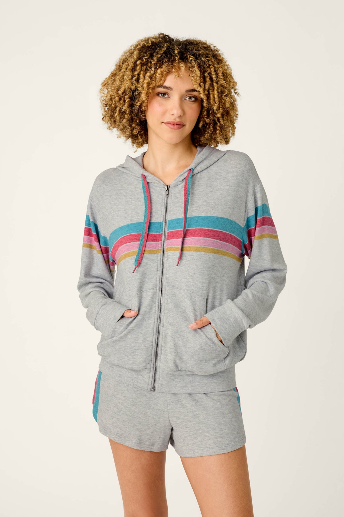 Takin’ It Easy Club Striped Zip-Up Hoodie - HEATHER GREY