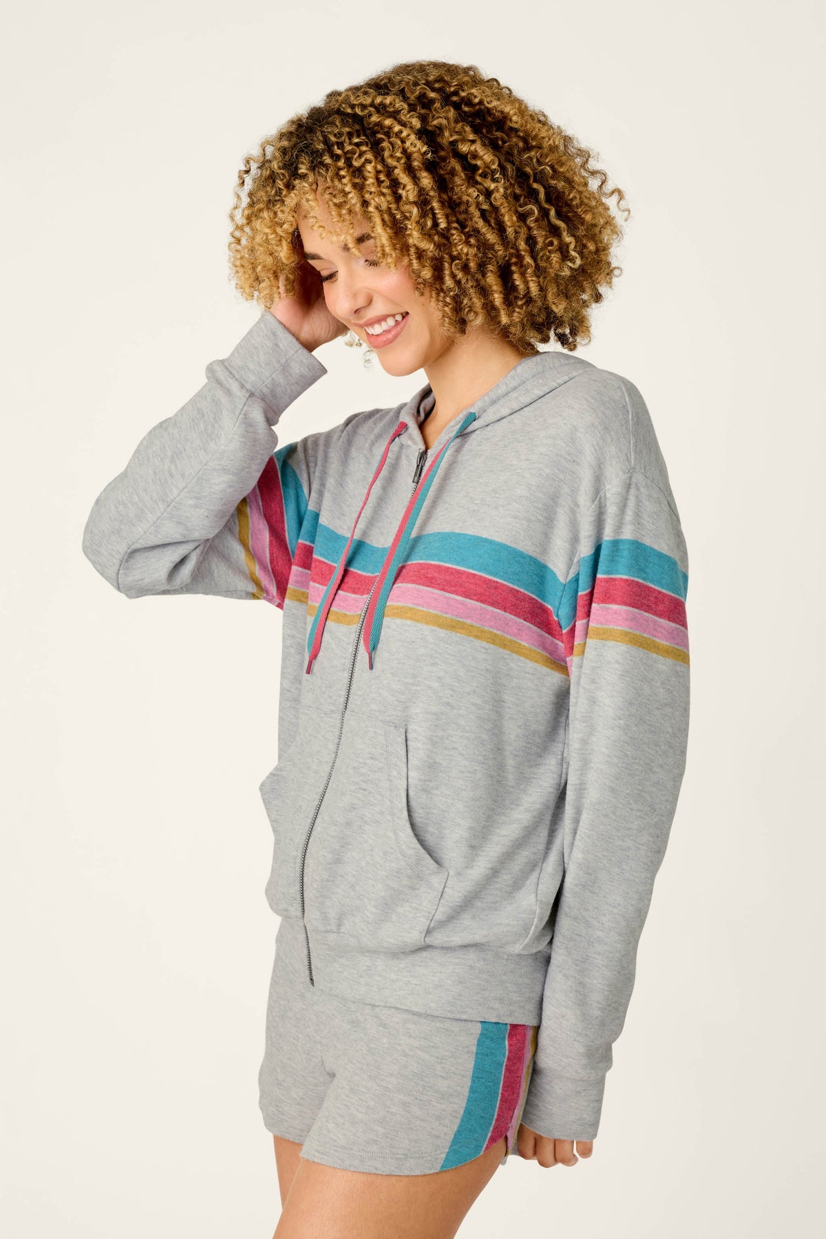 Takin’ It Easy Club Striped Zip-Up Hoodie - HEATHER GREY
