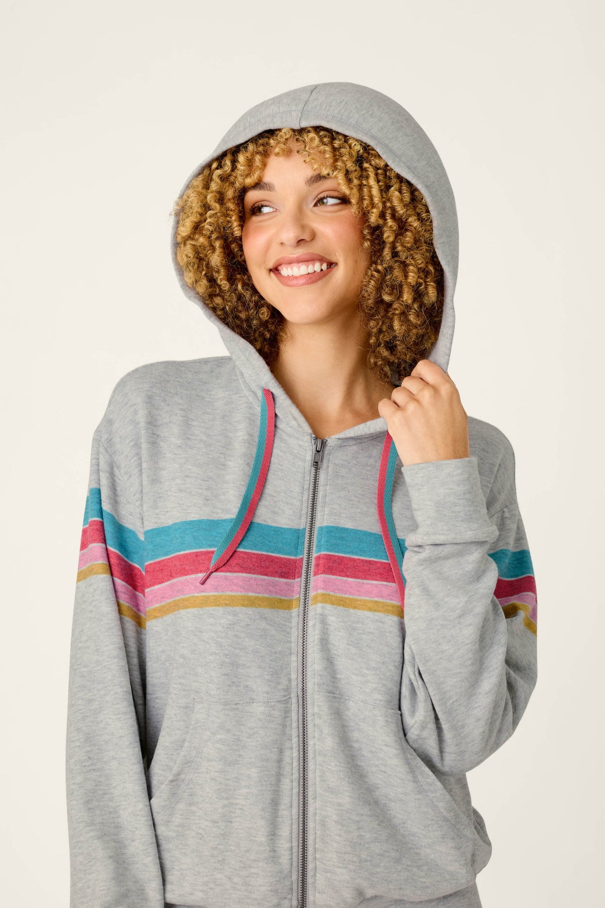 Takin’ It Easy Club Striped Zip-Up Hoodie - HEATHER GREY