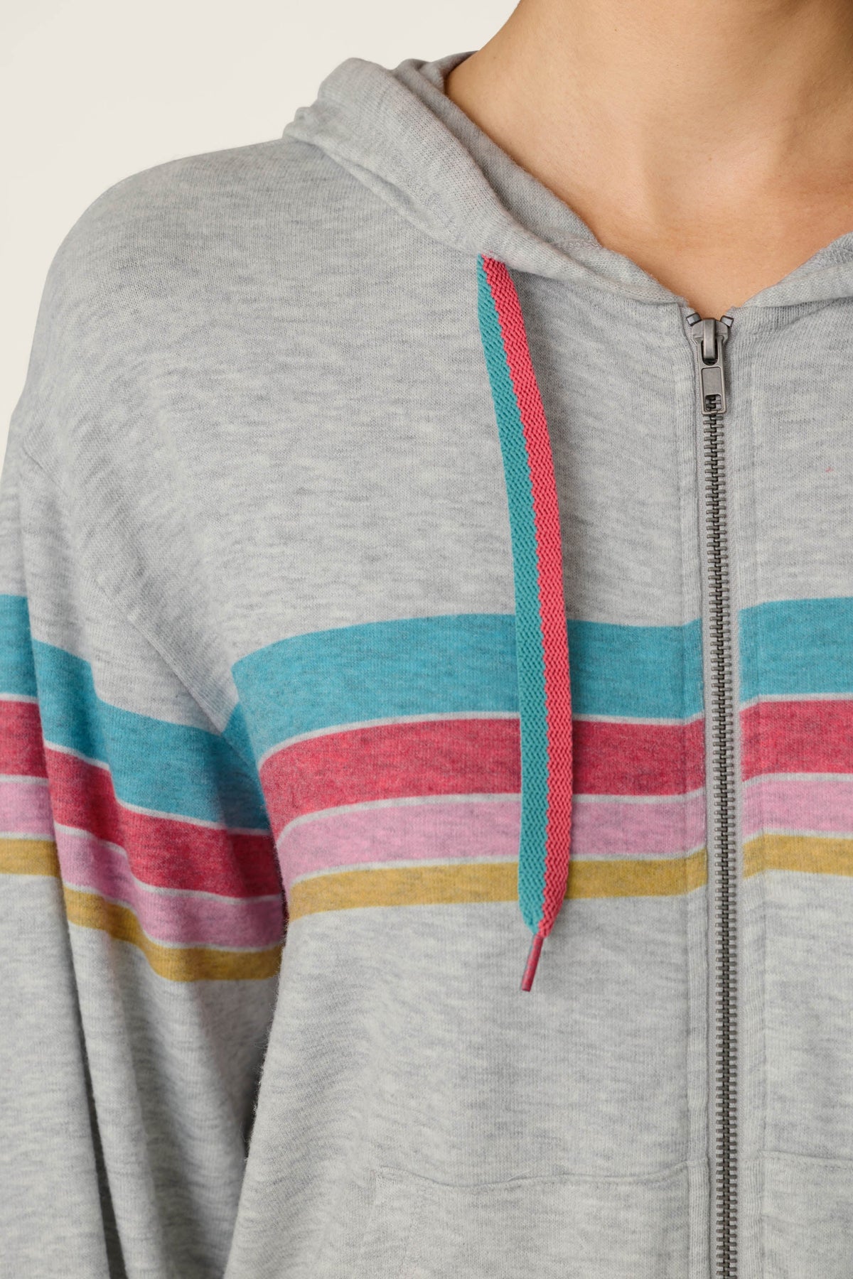 Takin’ It Easy Club Striped Zip-Up Hoodie - HEATHER GREY
