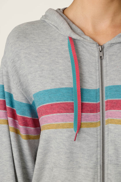 Takin’ It Easy Club Striped Zip-Up Hoodie - HEATHER GREY