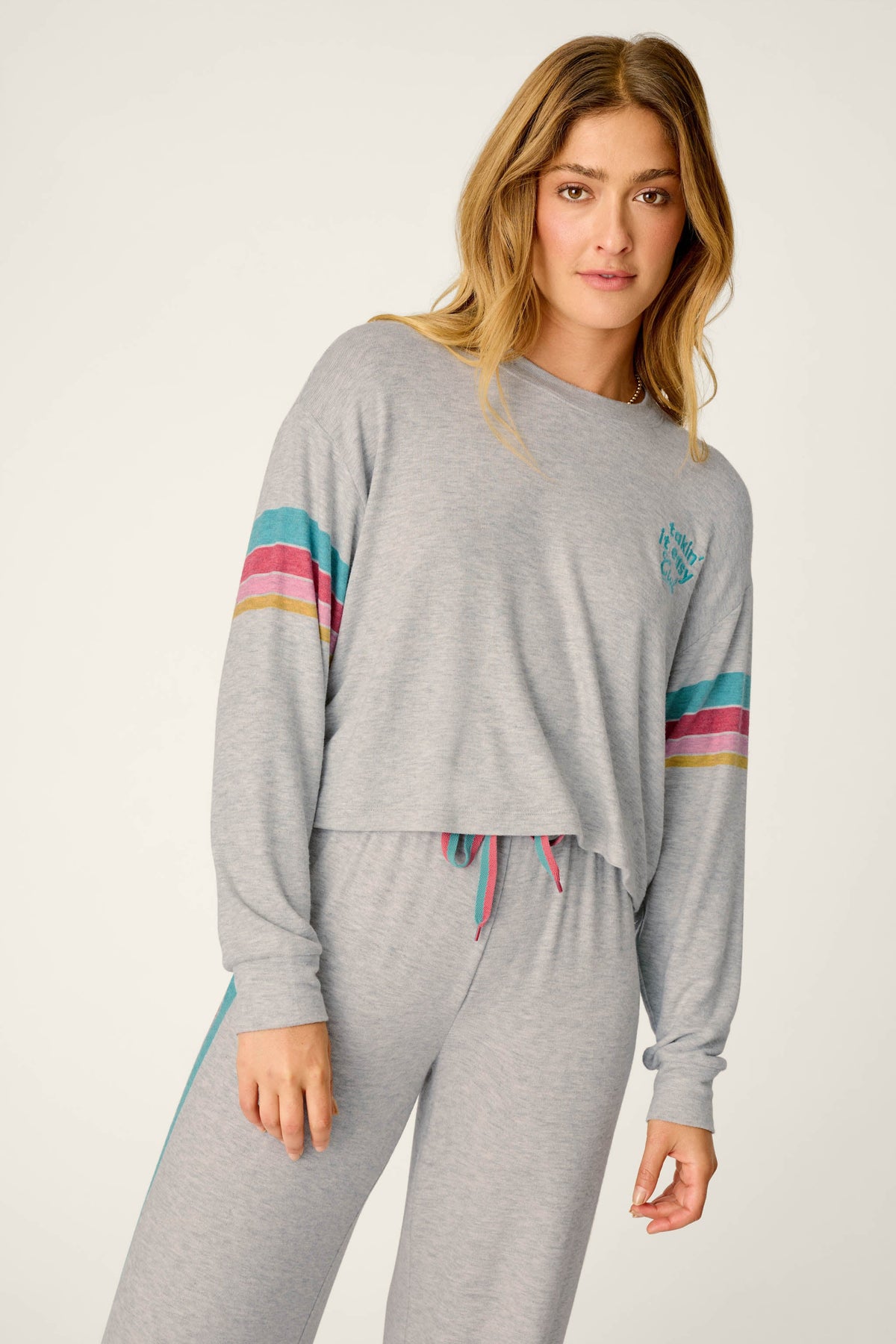Takin’ It Easy Club Striped Long Sleeve Top - HEATHER GREY