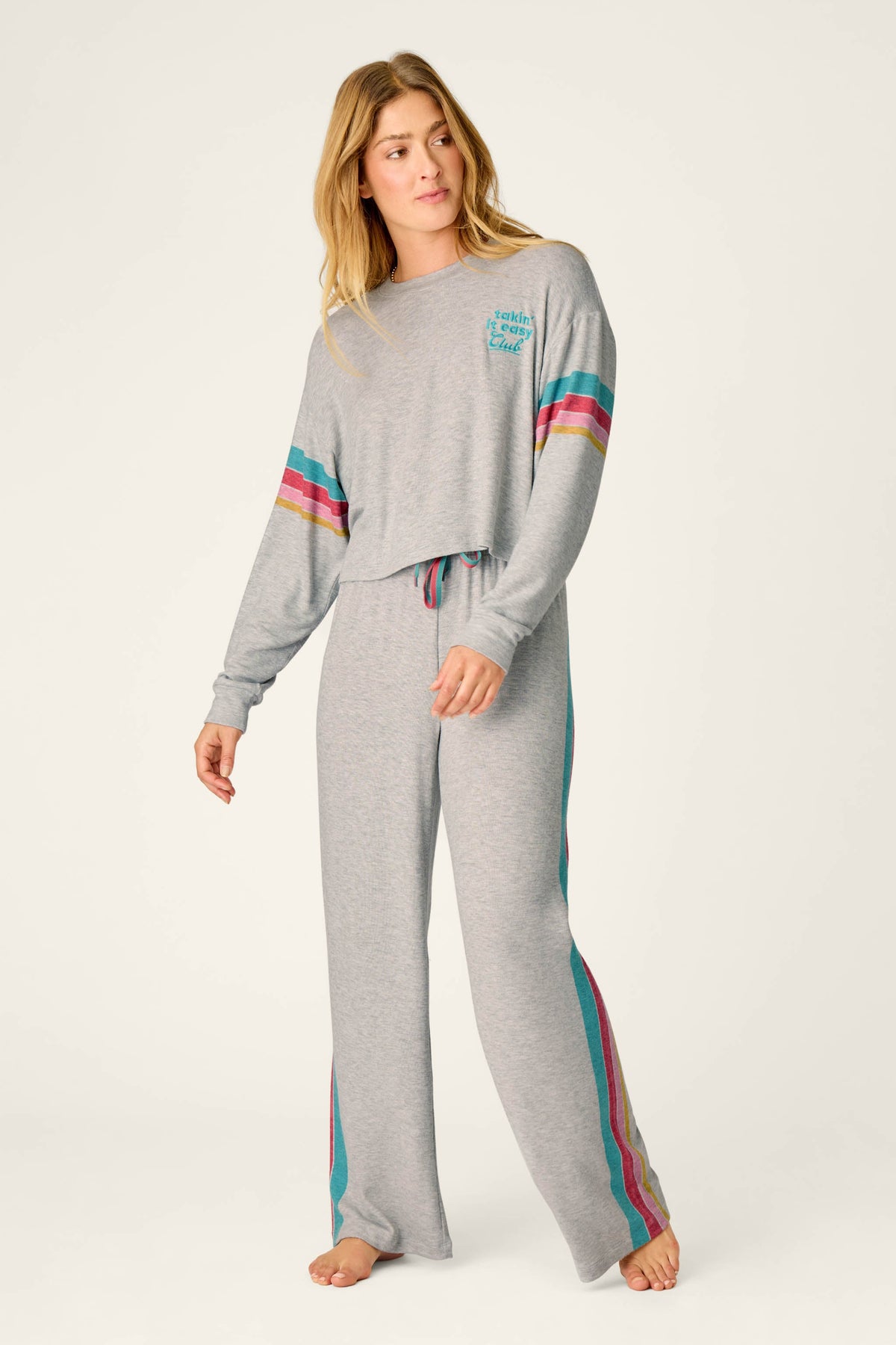 Takin’ It Easy Club Striped Long Sleeve Top - HEATHER GREY